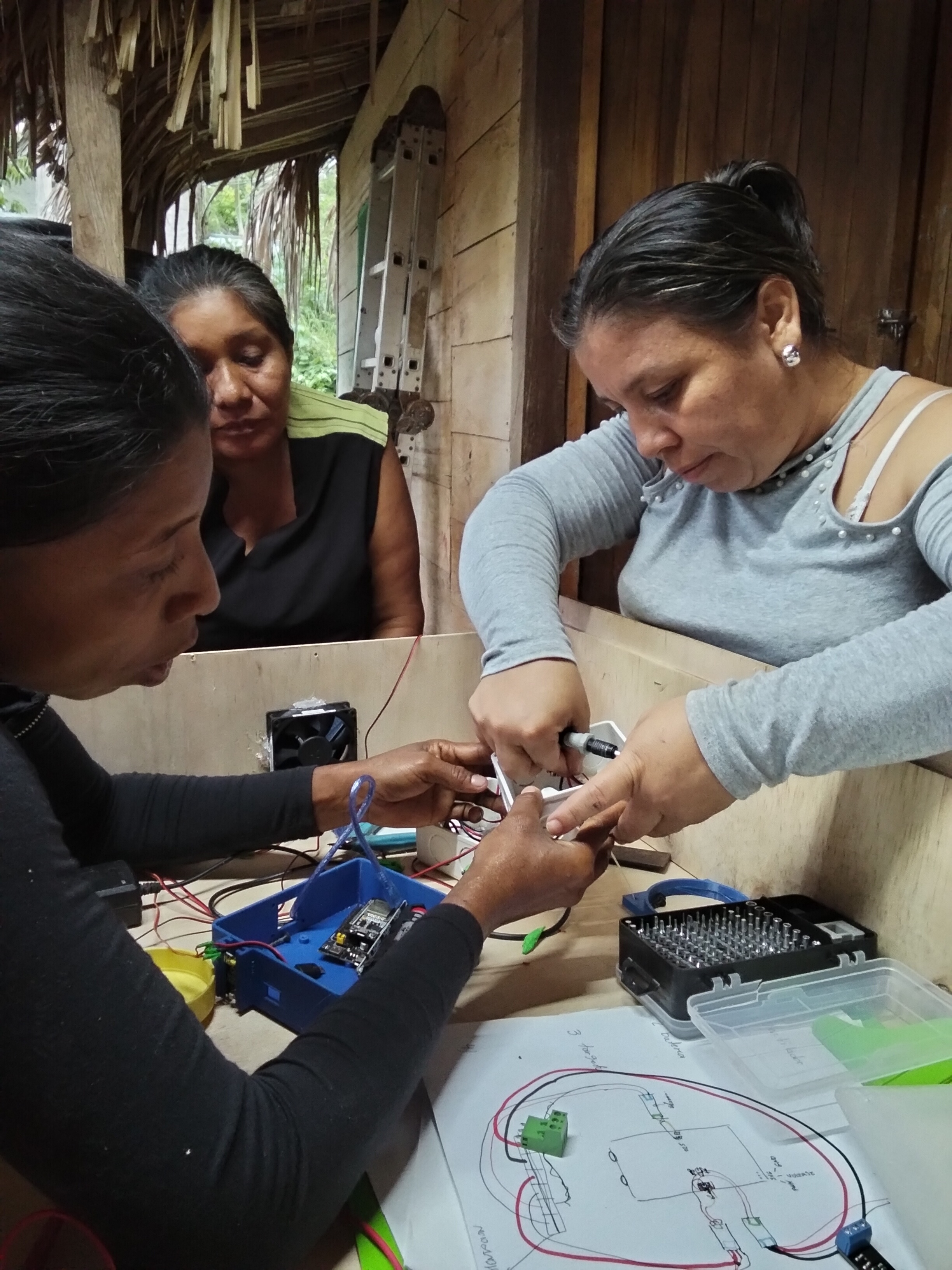 Grupo observando un portatil con el sistema de monitoreo del proyecto sobre la mesa.