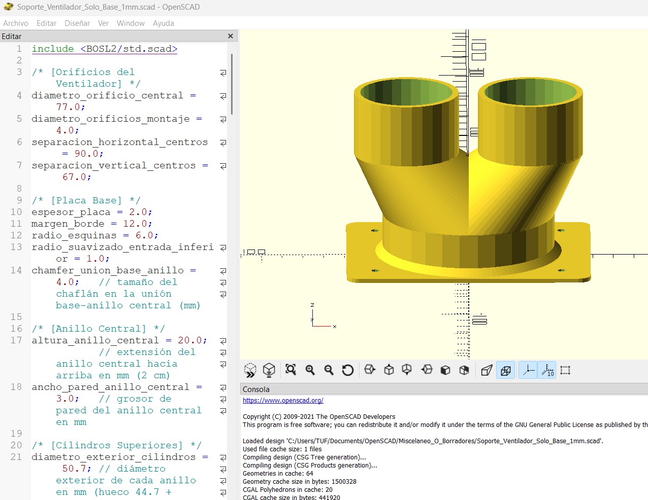 Dise&ntilde;o paramétrico del adaptador con dos salidas en OpenSCAD.