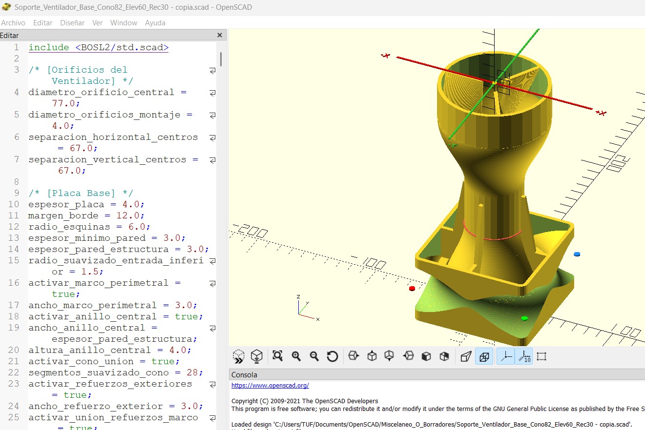 Modelo 3D del soporte de ventilador completo con cono de transici&oacute;n y placa base en OpenSCAD.
