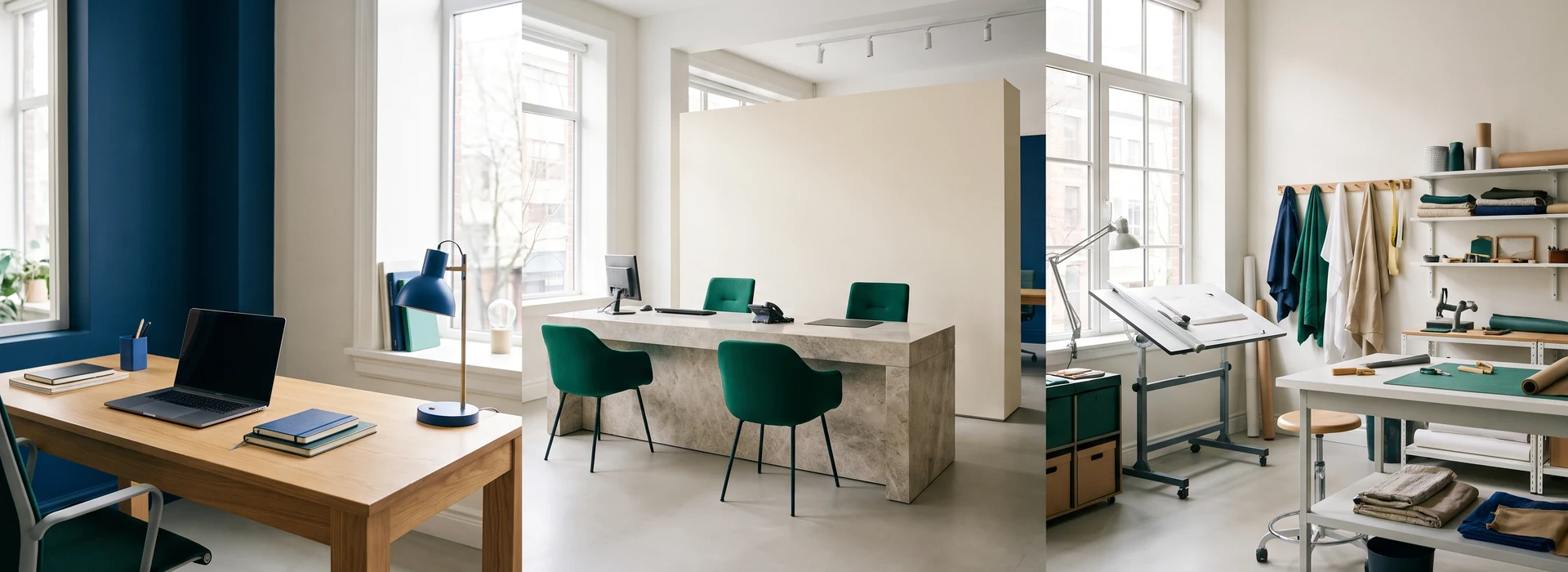 Espacio de trabajo con estación de diseño, atención al cliente y taller