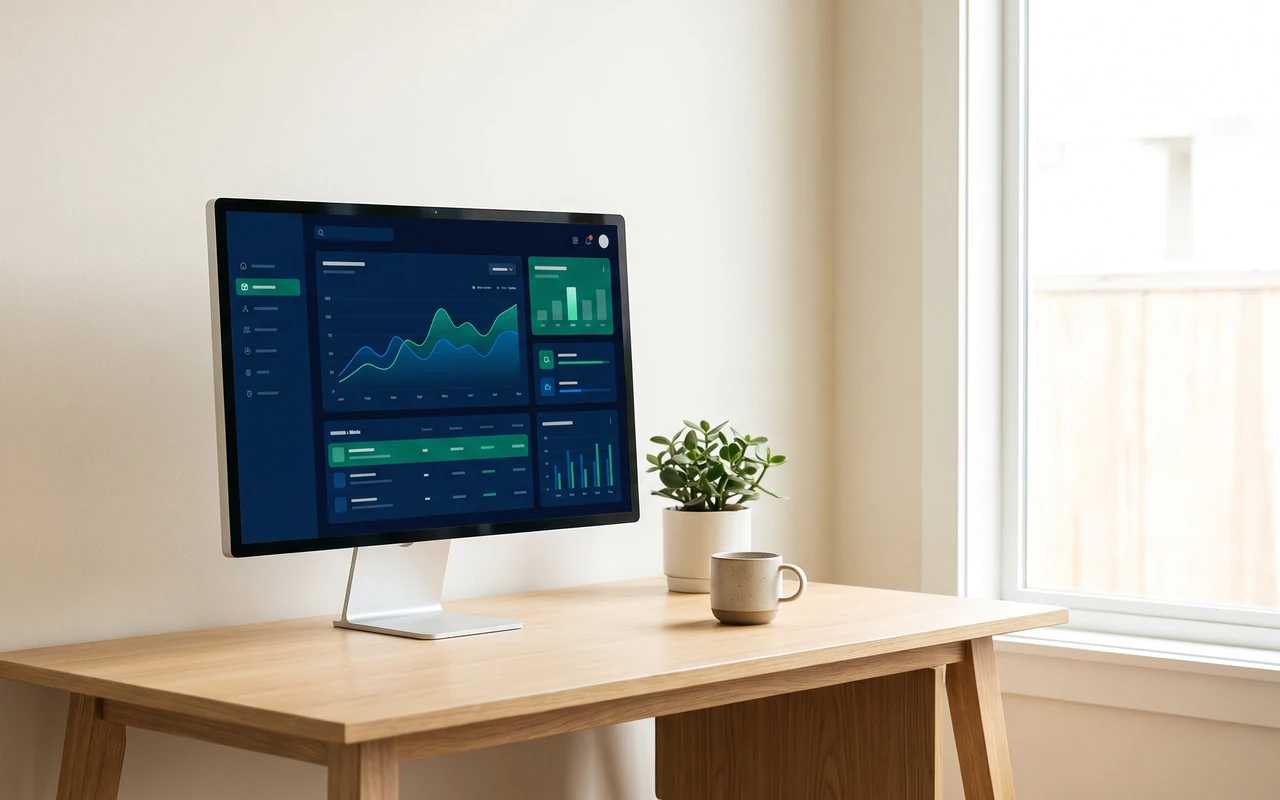 Pantalla con panel de datos, gráficas y tarjetas de información