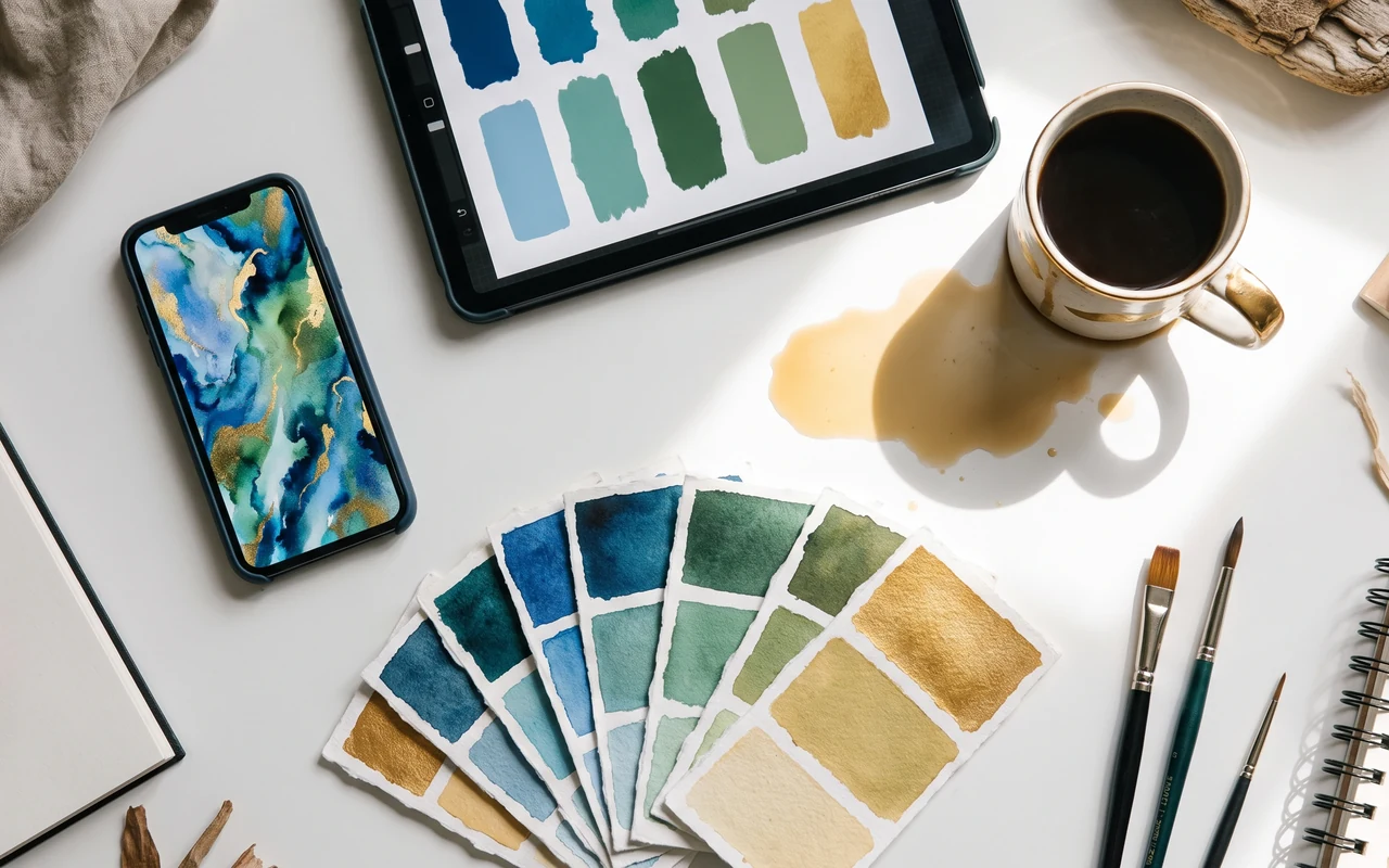 Mesa de trabajo con muestras de color, tableta y teléfono para diseñar desde redes sociales
