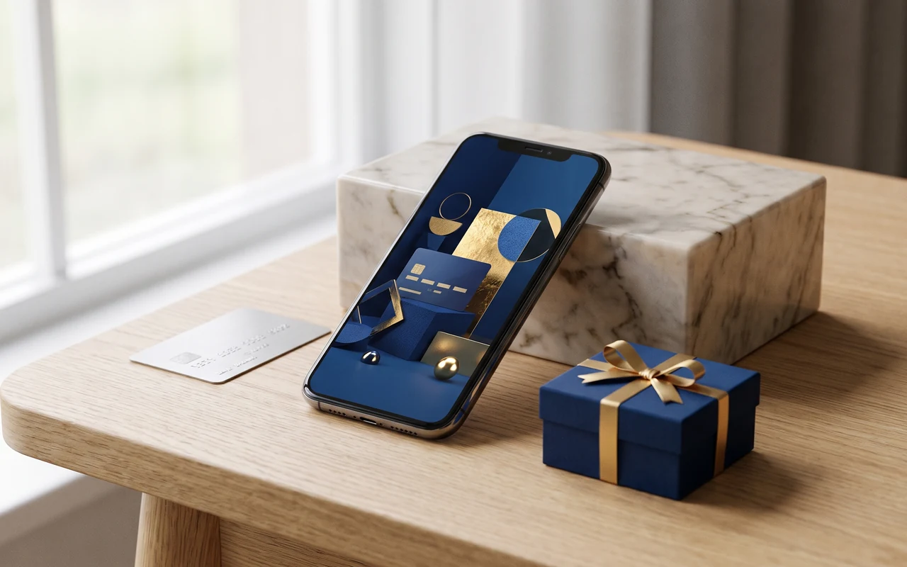 Teléfono con pantalla de compra en línea, tarjeta bancaria y empaque