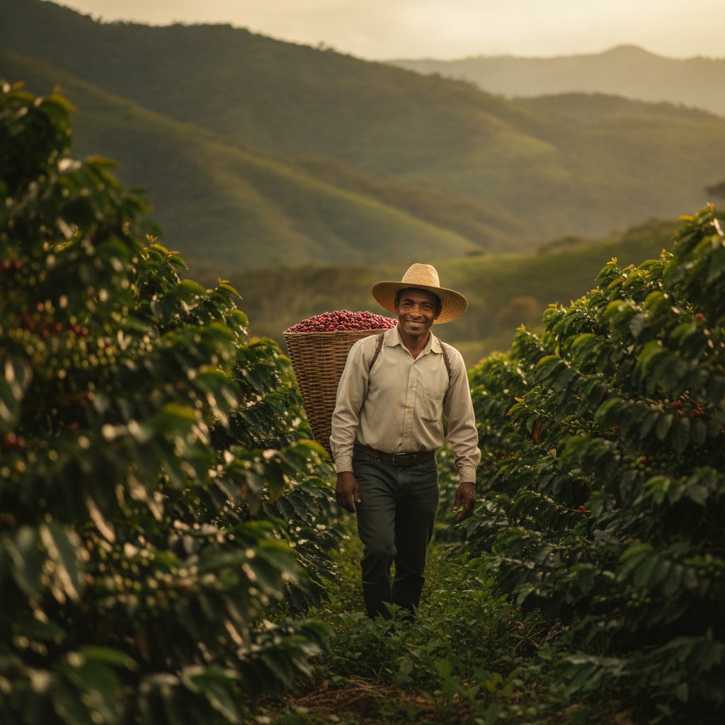 Caficultor con canasto de café, tradición artesanal colombiana