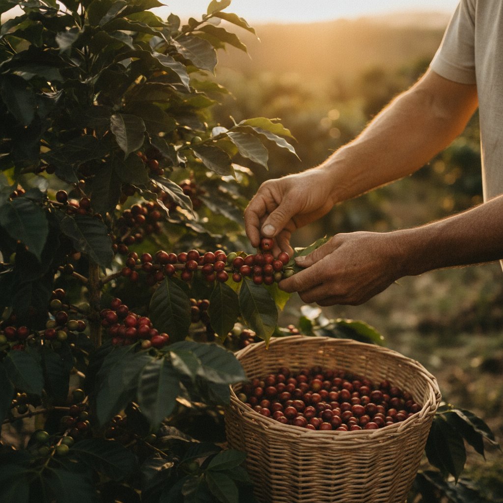 Manos recogiendo cerezas de café, arte del café colombiano
