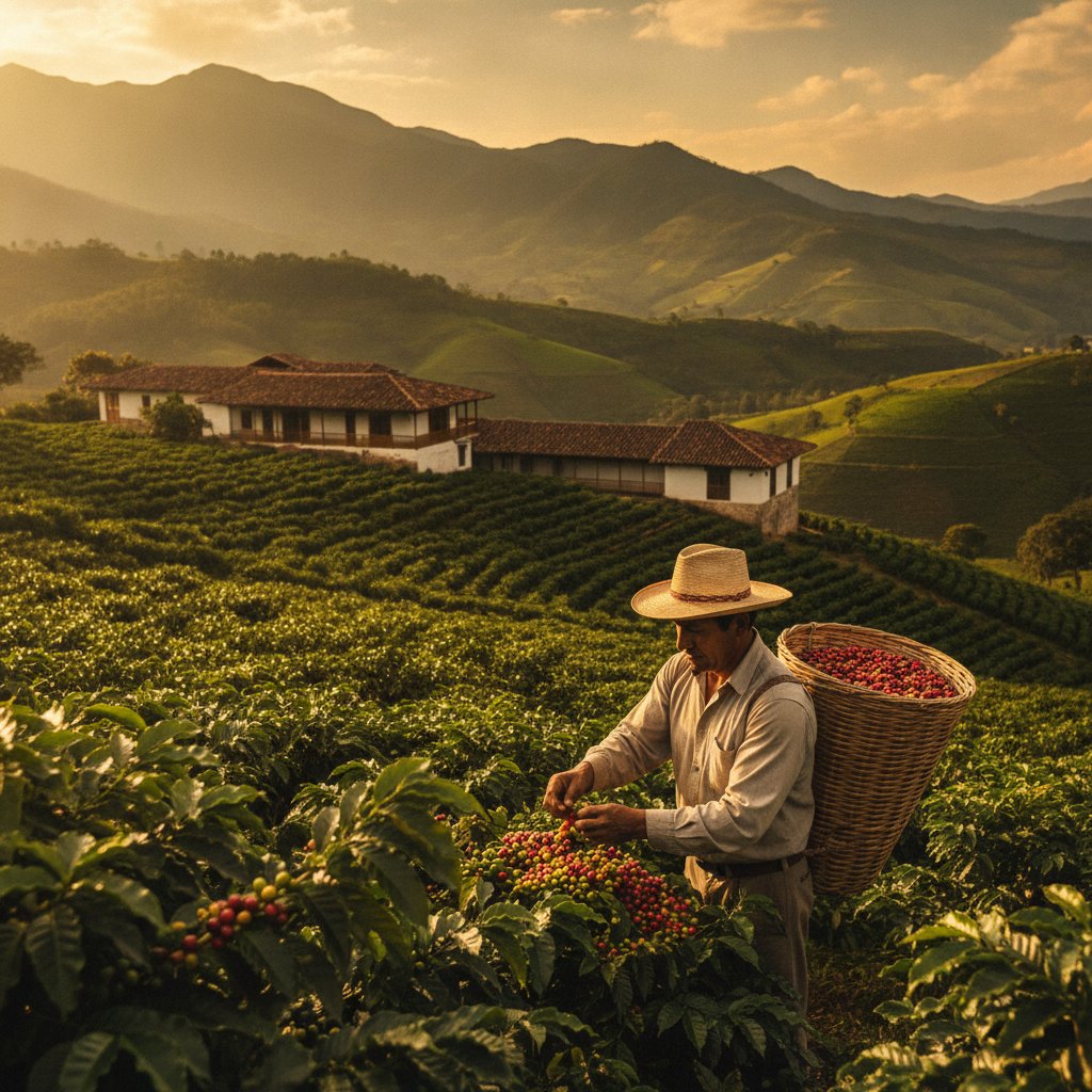 Caficultor cosechando café en la finca Villa de las Mercedes, Tena, Colombia